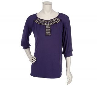 Du Jour Beaded Shirred Top with Balloon Sleeves —