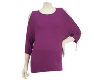 LOGO by Lori Goldstein Cold Shoulder Knit Top with Ruching Detail 