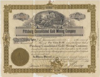 1926 Stock PITTSBURG Cons. Gold Mining Co. CENTRAL CITY Colorado