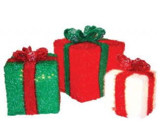 Set of 3 3 D Lighted Soft Tinsel Wrapped Presents by Sterling