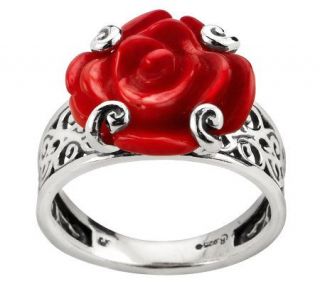 American West Red Coral Carved Rose Sterling Ring —