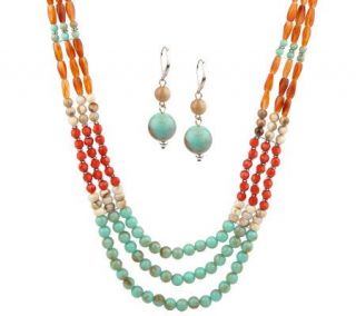 Multi Color Triple Strand Bead Necklace & Earring Set —