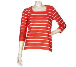 Denim & Co. Stretch 3/4 Sleeve Square Neck Striped T shirt —