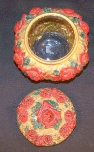 Vintage Goofus Glass Covered Candy Dish Vanity Red Gold & Paint Relief
