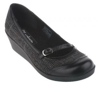 Skechers Leather and Plaid Fabric Wedge Bottom Maryjanes —
