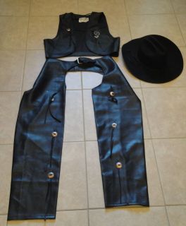  LG Western Halloween Costume Black Chaps Vest Badge Cowboy Hat
