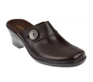 Clarks Leather Slip on Clogs w/Button Detail —