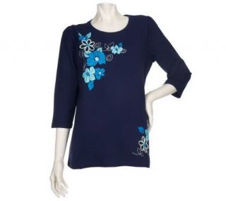 Denim & Co. Embroidered and Printed 3/4 Sleeve Round Neck Tee