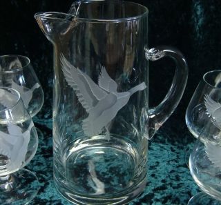 Perry Coyle Art Glass Crystal Pitcher Glasses Geese Set