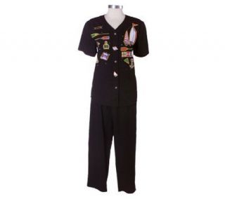 Quacker Factory Appliqued Shirt and Pants Set w/Button Covers