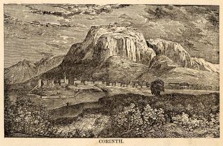1880 Wood Engraving Corinth Greece Mountain Peloponnese Isthmus