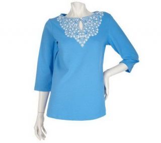 Bob Mackies Embroidered Daisy Yoke Top with 3/4 Sleeves   A200163