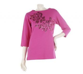 Quacker Factory 3/4 Sleeve Rose Sequin T shirt —