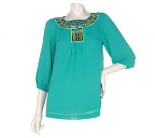 Bob Mackies Romantic Poly Crinkle Top with Embroidery —