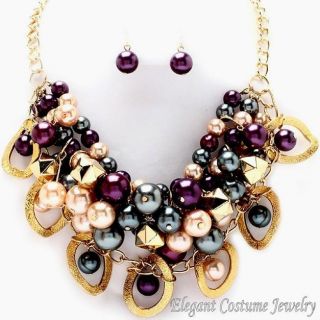 Gold Purple Champagne Gray Pearl Necklace Set Chunky Elegant Costume
