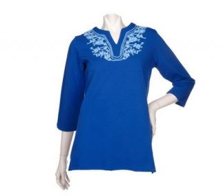 Denim & Co. 3/4 Sleeve Split Neck Jersey Tunic with Embroidery
