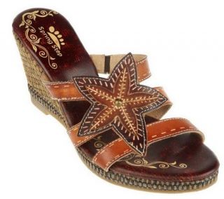 Spring Step Leather Multi Strap Star Detail Wedge Sandals —
