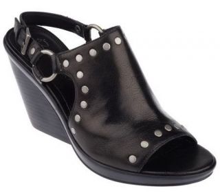 Makowsky Leather Open Toe Slingback Wedge w/ Stud Detail — 