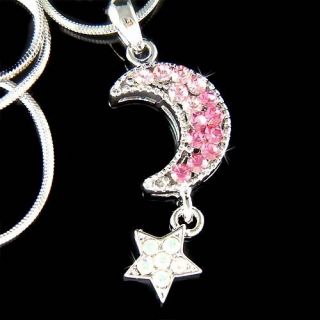Pink w Swarovski Crystal Dream Crescent Moon Wish Star Chain Pendant