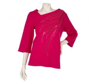 Bob Mackies Sequin Feather Knit Top with Asymmetrical Neckline