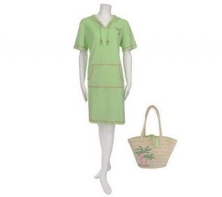 Quacker Factory Embroidered Terry Cloth Hooded Dress and Straw Tote 