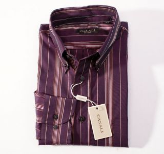  250 CANALI Deep Purple Stripe Button Front Cotton Shirt M Medium Italy