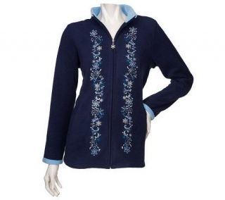Denim & Co. Zip Front Fleece Jacket w/ Embroidery & RhinestonDetail 