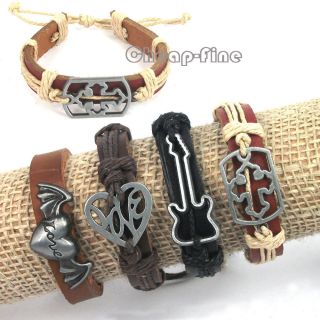  4PCS Fashion Guitar Cross Love Heart Charms Genuine Leather bracelets