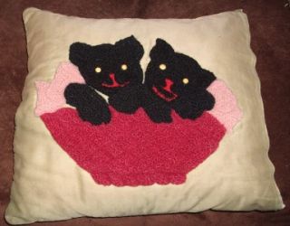 Antique Pillow Cover Needlework Black Kittens Cats 16 inches