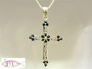  Silver Genuine Sapphire Filigree Cross Pendant Necklace