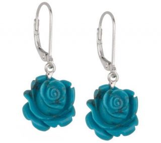 Sterling Turquoise Carved Rose Lever Back Earrings —