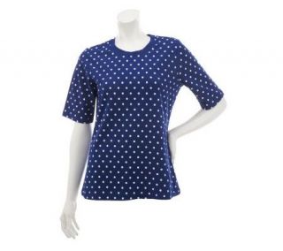 Denim & Co. Elbow Sleeve Polka Dot Print Round Neck T shirt — 