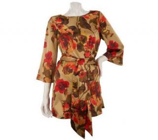 Dennis Basso Floral Printed Flare Tunic with Sash Belt and Side Slits 