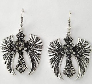 Magnificent Antiqued Winged Cross Earrings