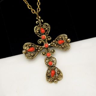  Vintage Large Ornate Antiqued Red Glass Cross Pendant Necklace