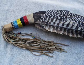 Crow Indian Beaded Hide Fan with Hide Fringe Beads Contemporary