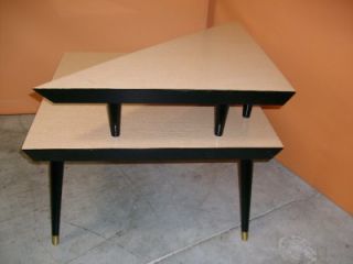 1960s Mid Century Modern Blond Formica Two Level Corner Table