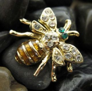 Crystal Bumble Bee Pin Brooch Pendant Gold Brown Tone
