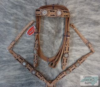 Crystal Rhinestone Conchos Tooled Leather Headstall and Breastcollar
