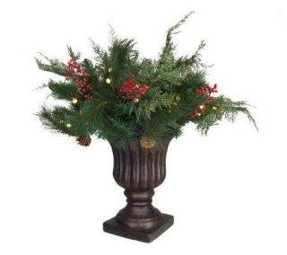 BethlehemLights BatteryOperated Winter Greens and Berries in Urn w 