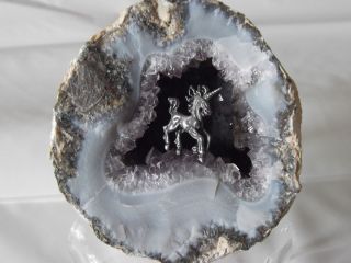 Coconut Amethyst Crystal Geode Half with PEWTER UNICORN Display FREE