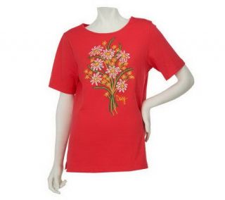 Bob Mackies Floral Embroidered Jersey Knit Short SleeveTop —