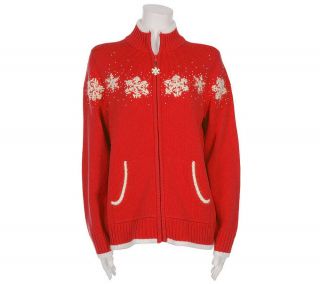 Quacker Factory Zip Front Snowflake Tipped Sweater —
