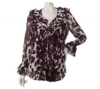 Dennis Basso Printed Button Front Ruffle Blouse with Cami   A221098