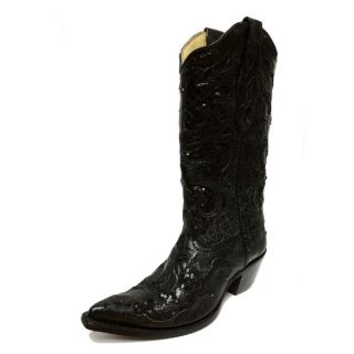 Corral Ladies Black Goat Sequin Inlay Leather Cowgirl Boots A1070