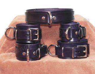  Purple Leather Wrist Ankle Cuffs with Collar 5pc Set Hand Made