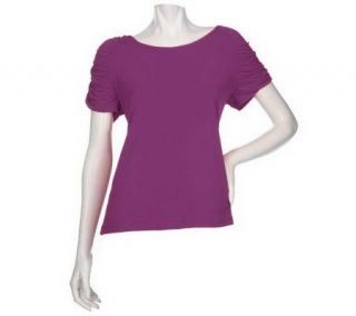 Susan Graver Liquid Knit Top with Ruched Short Sleeves   A199600