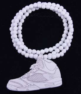 Wood White Basketball Shoes Pendant Bead Chain Rosary Necklace