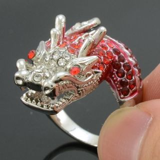 Silver Tone Cute Dragon Cocktail Ring Size 7 w Red Swarovski Crystals