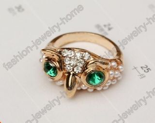 Green Crystal Eyes Imitate Pearl Cute Owl Gold Ring Fashion